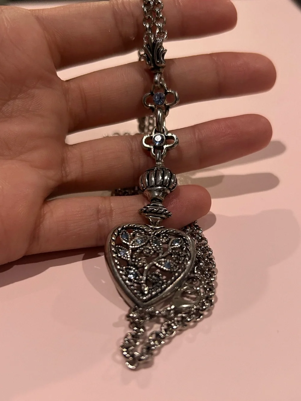 Silver Heart Pendant Necklace with blue Crystal Accents